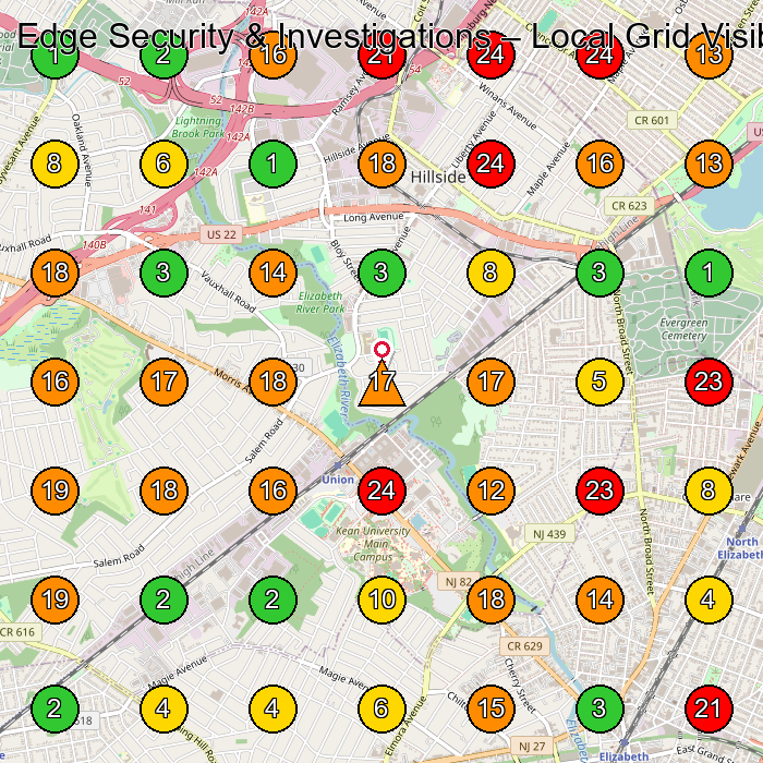 Edge Security & Investigations Security Guard Service GeoGrid ranking map for Union NJ